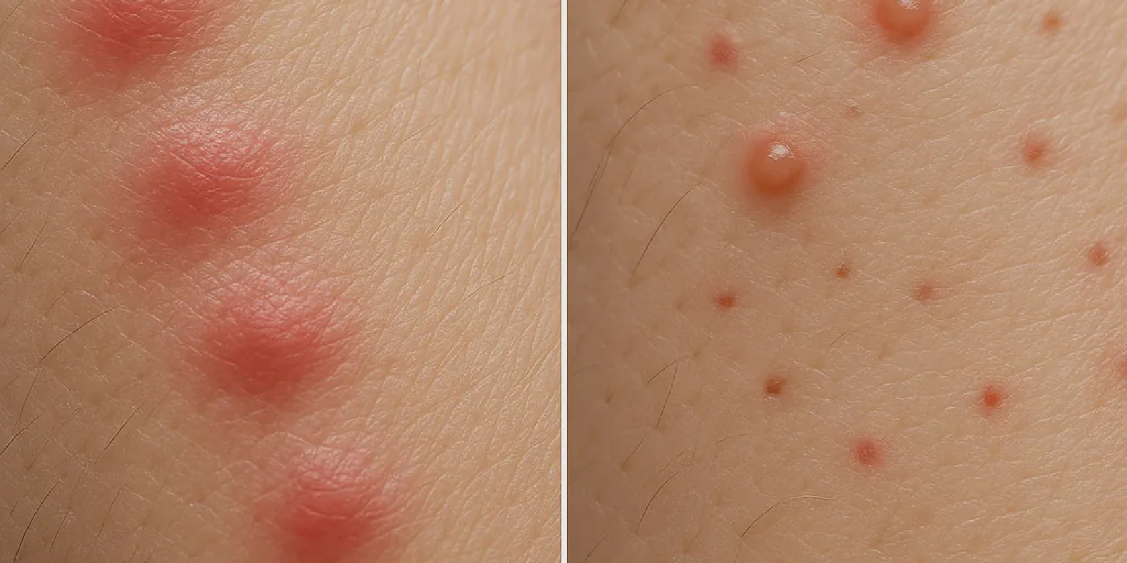 Side-by-side comparison of bed bug bite clusters and ant bite marks on human skin, showing clear differences in pattern and appearance