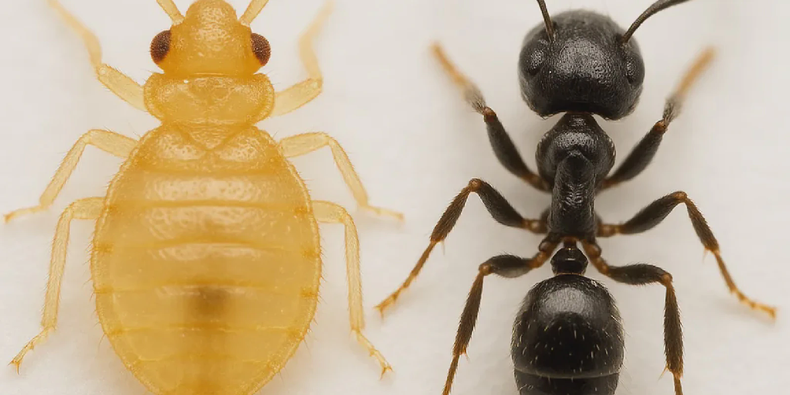 Microscopic comparison of a translucent bed bug nymph next to a small ant, highlighting size and body structure differences