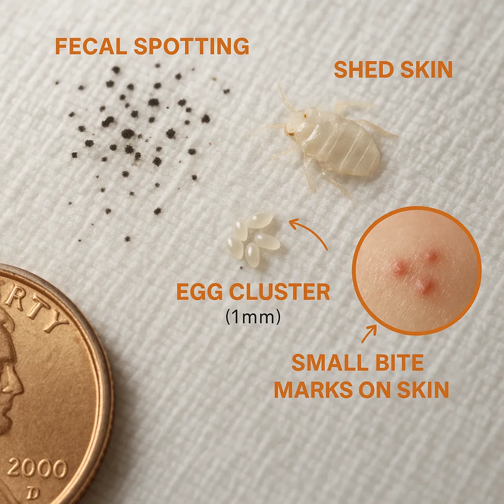 Macro photo showing early-stage bed bug evidence: pin-sized fecal spots, translucent shed skin, 1mm egg cluster, and small bite marks on skin.