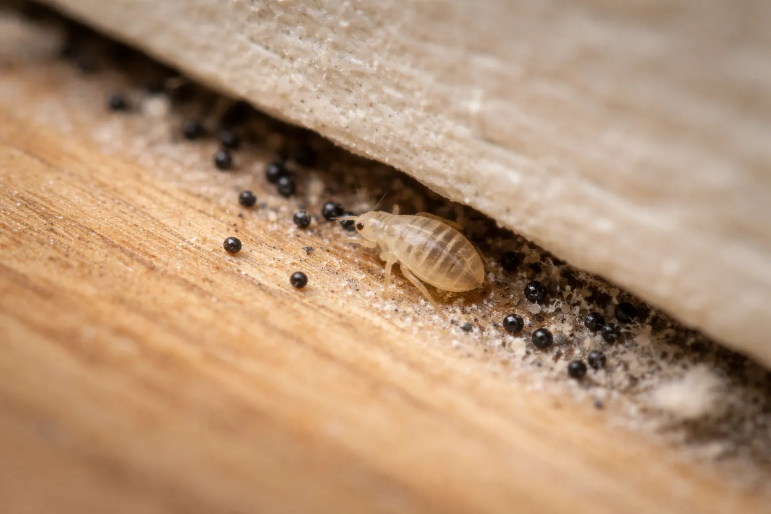 Tiny bed bug nymph near small dark fecal dots in a tight crack by a bed frame