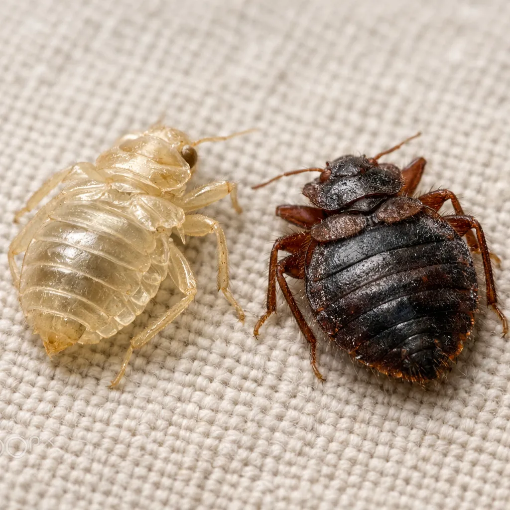 Empty bed bug shell next to a dead bed bug on bedding, illustrating the visual difference between hollow shed skin and solid insect body.
