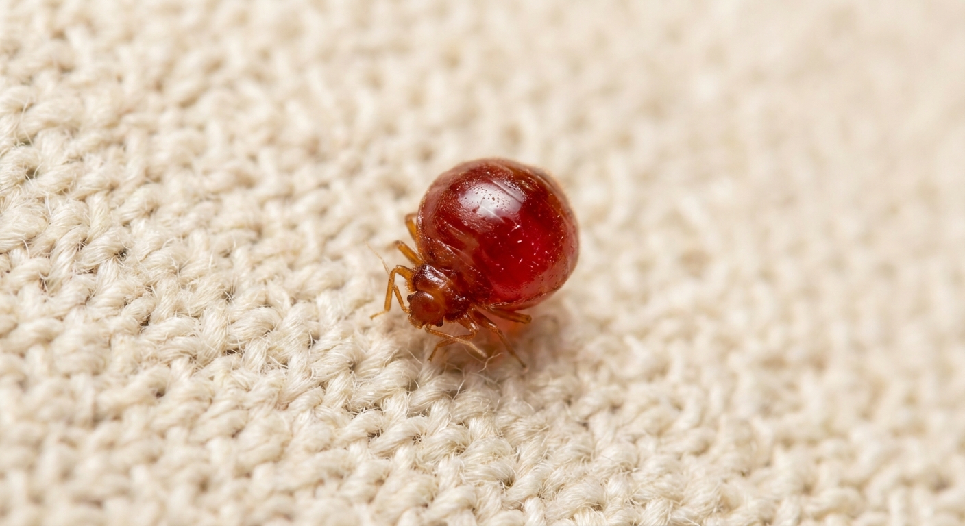 Bright red bed bug nymph engorged with blood after feeding