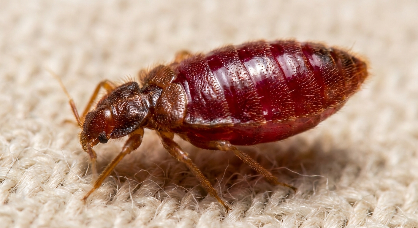 Adult bed bug engorged with blood showing deep crimson-red color