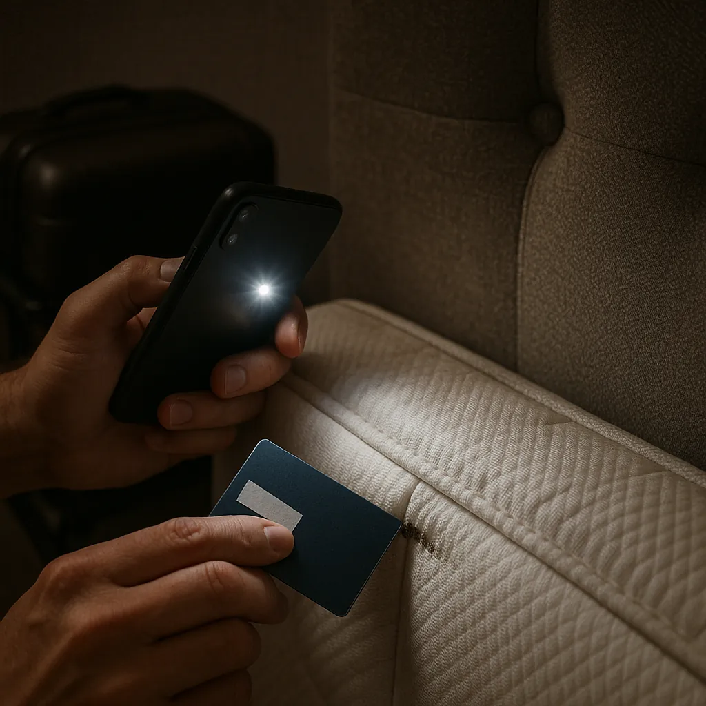 Inspecting a hotel mattress seam with a phone flashlight during room check
