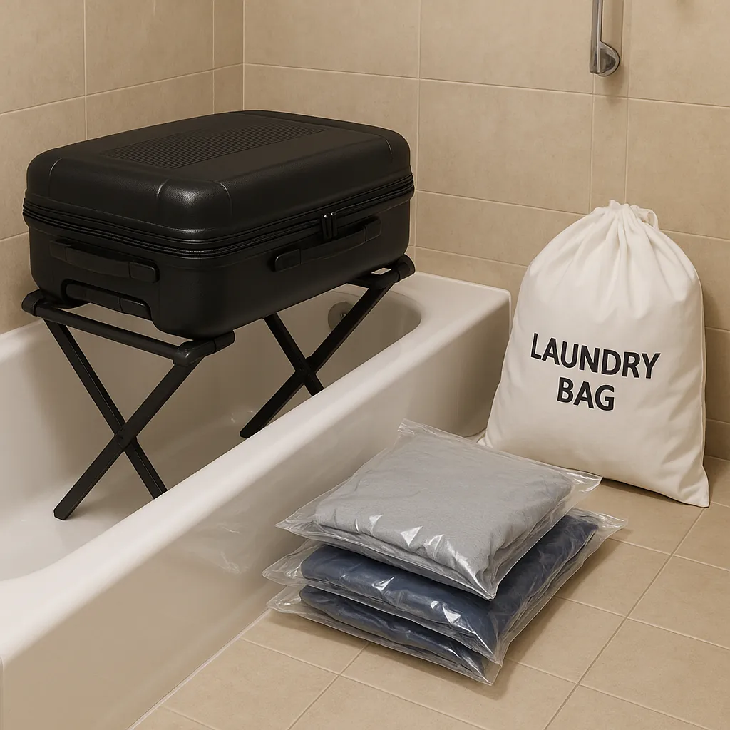 Keeping luggage in the hotel bathroom and clothes sealed to prevent bringing bugs home