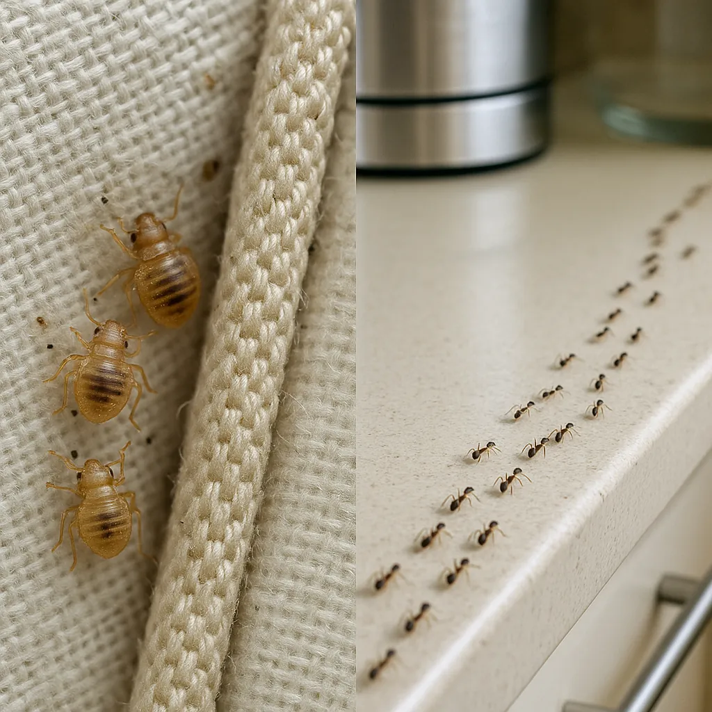 Comparison image showing bed bug nymphs hiding in mattress seam versus ants moving in organized trail on kitchen surface
