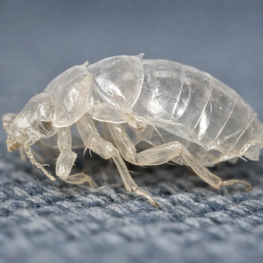 Close-up of a thin, flexible bed bug shell showing soft, paper-like texture of the shed exoskeleton on fabric surface.