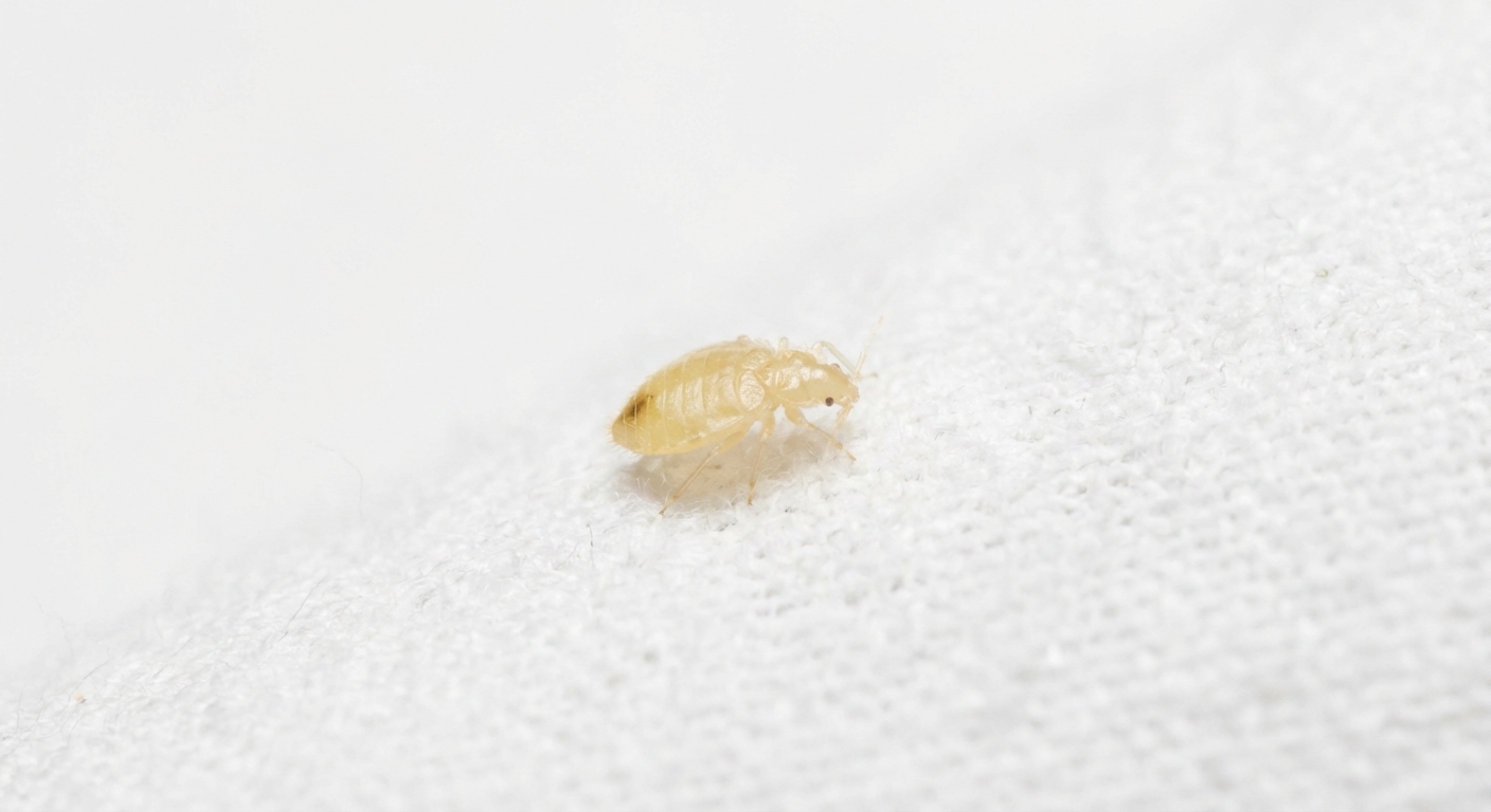 A pale, nearly transparent bed bug nymph before its first feeding