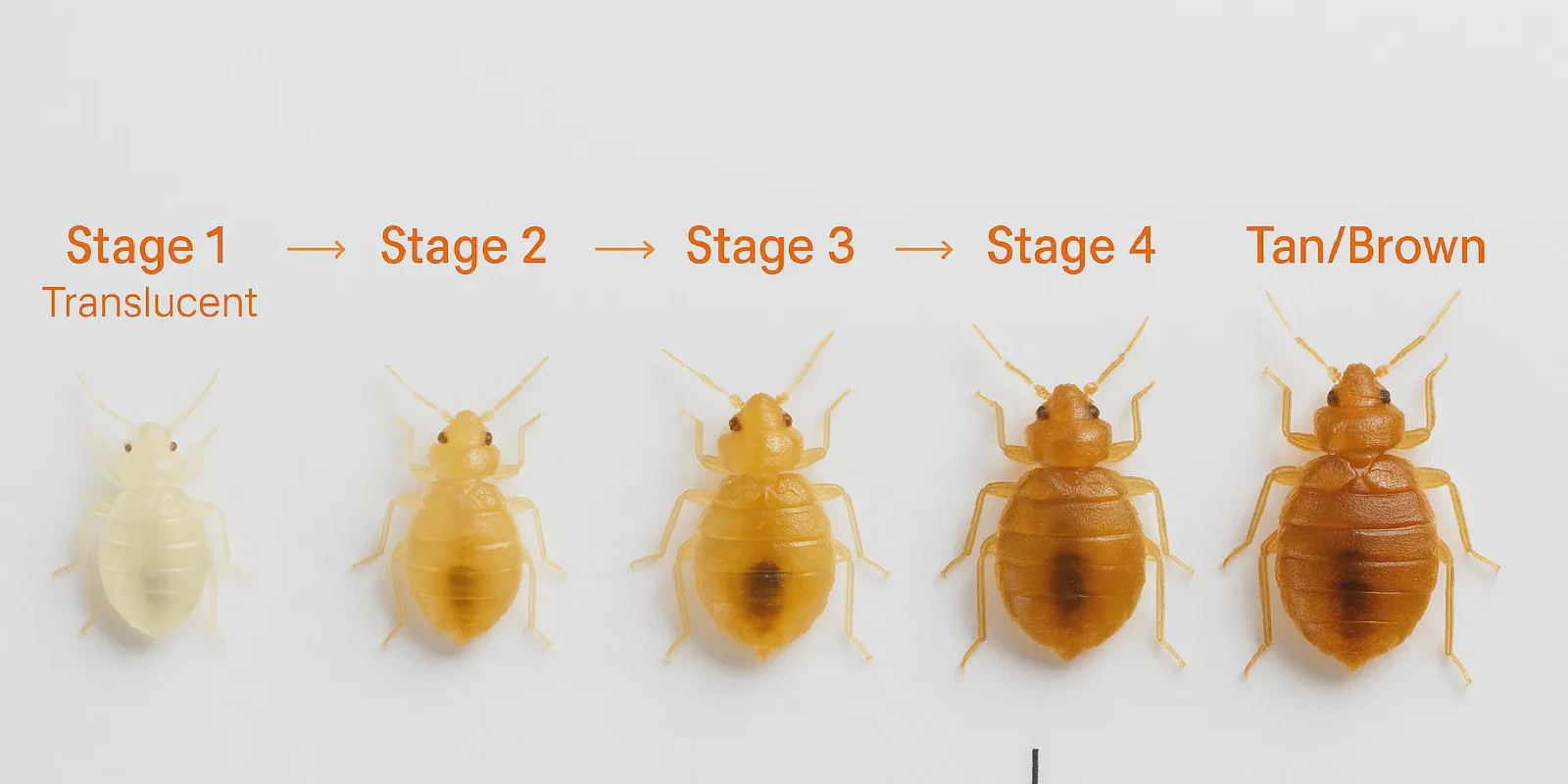 Close-up comparison showing baby bed bug color stages from translucent white nymphs to darker fed specimens