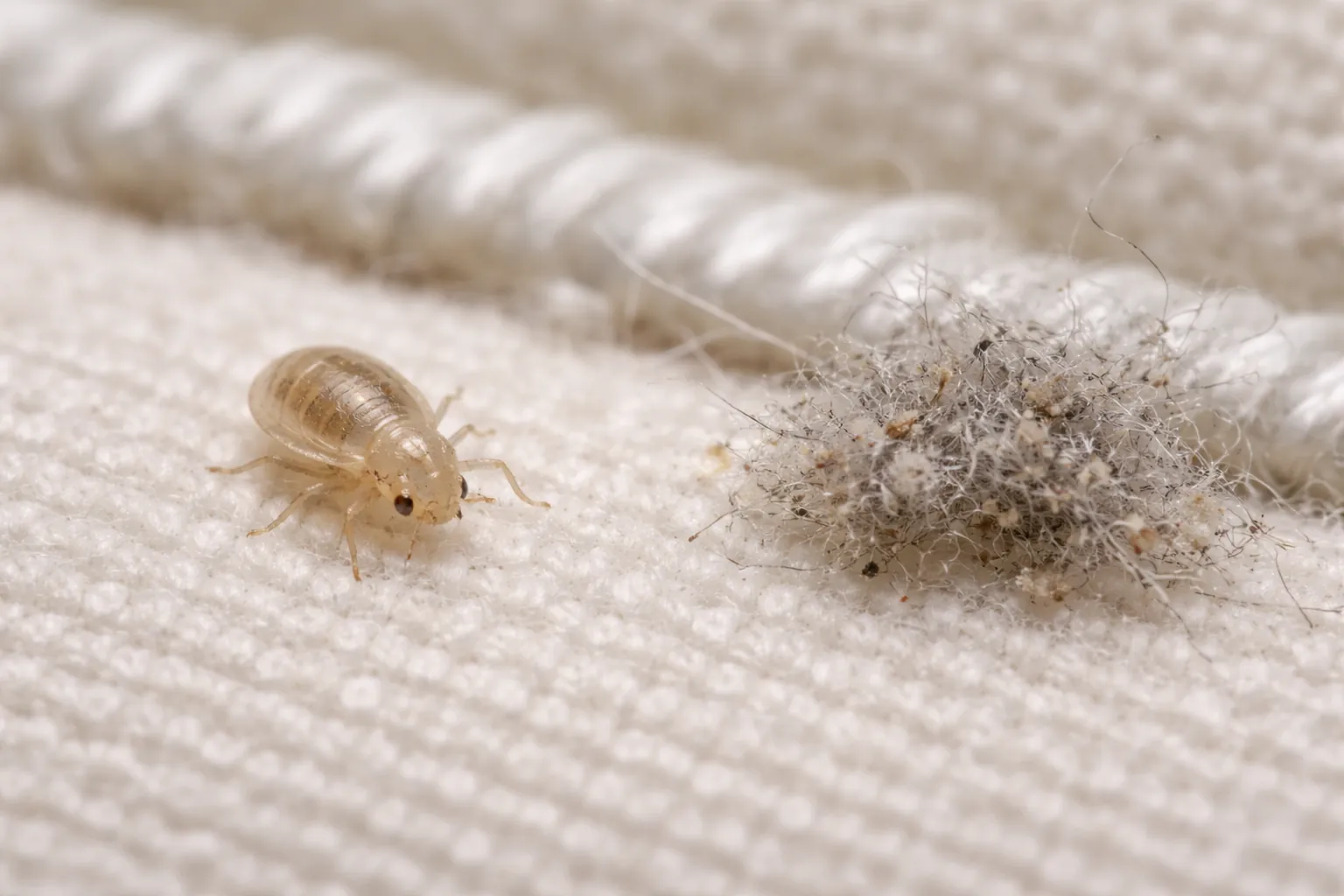 Tiny translucent bed bug nymph beside lint on a mattress seam for scale