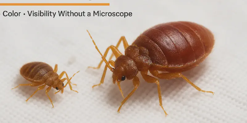 [Photorealistic close-up of adult and nymph bed bugs on a white bedsheet, showing what bed bugs look like to the human eye in size, color, and visibility. Designed to help identify a real bed bug infestation without magnification.]